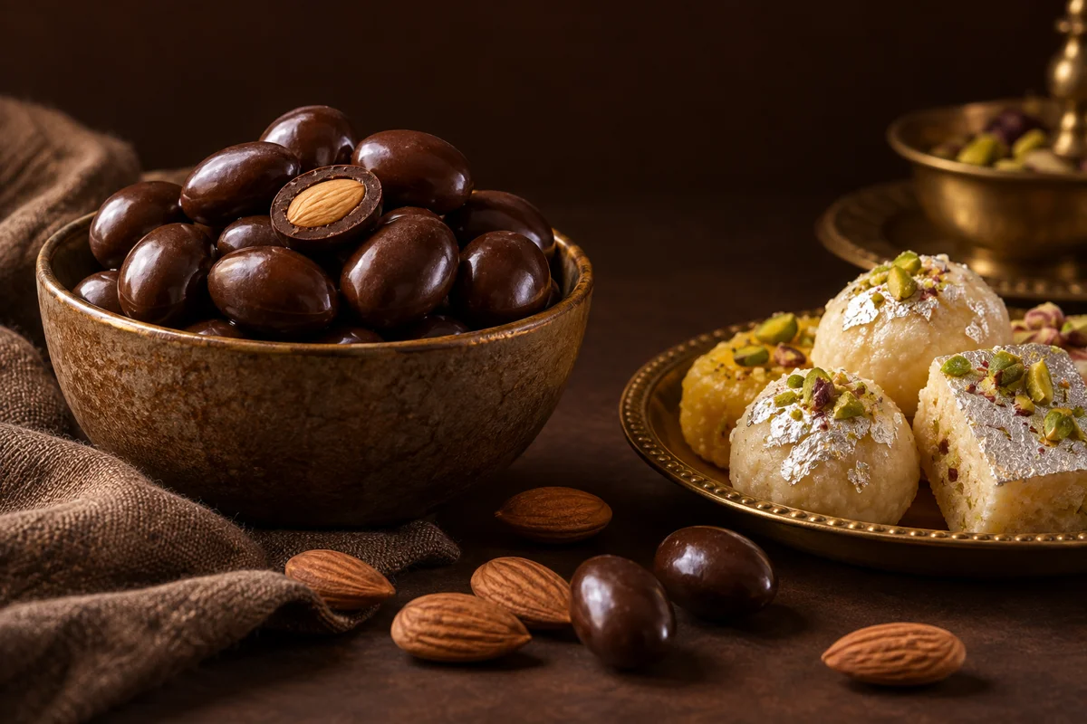 A bowl of chocolate-coated almonds and a plate of Indian sweets