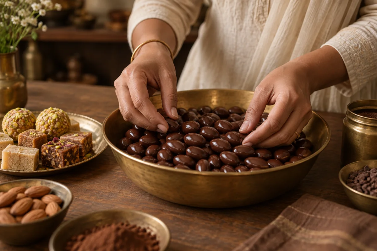 Hands carefully arranging chocolate-coated almonds beside Indian sweets