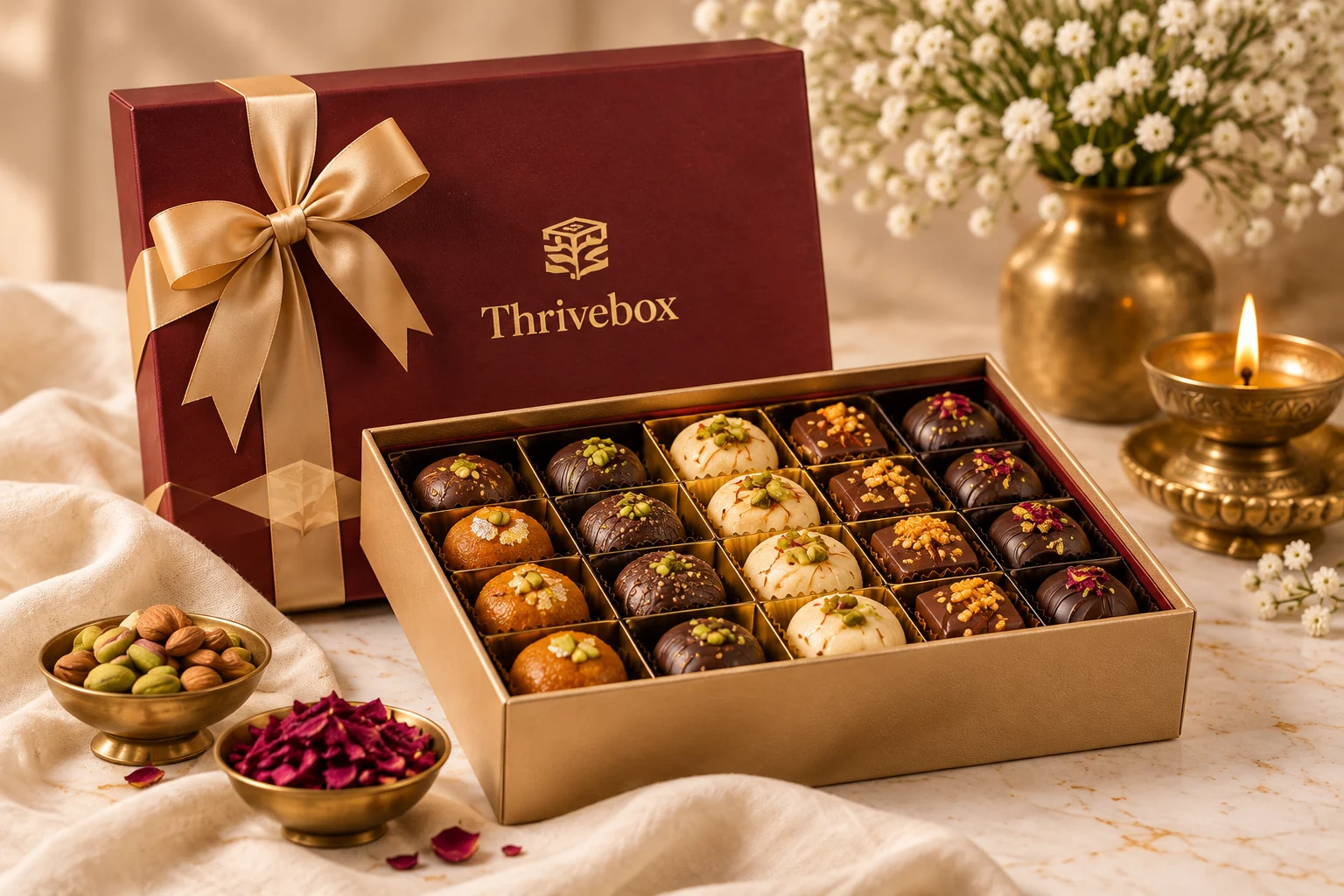 An open Thrivebox gift box filled with Indian sweets