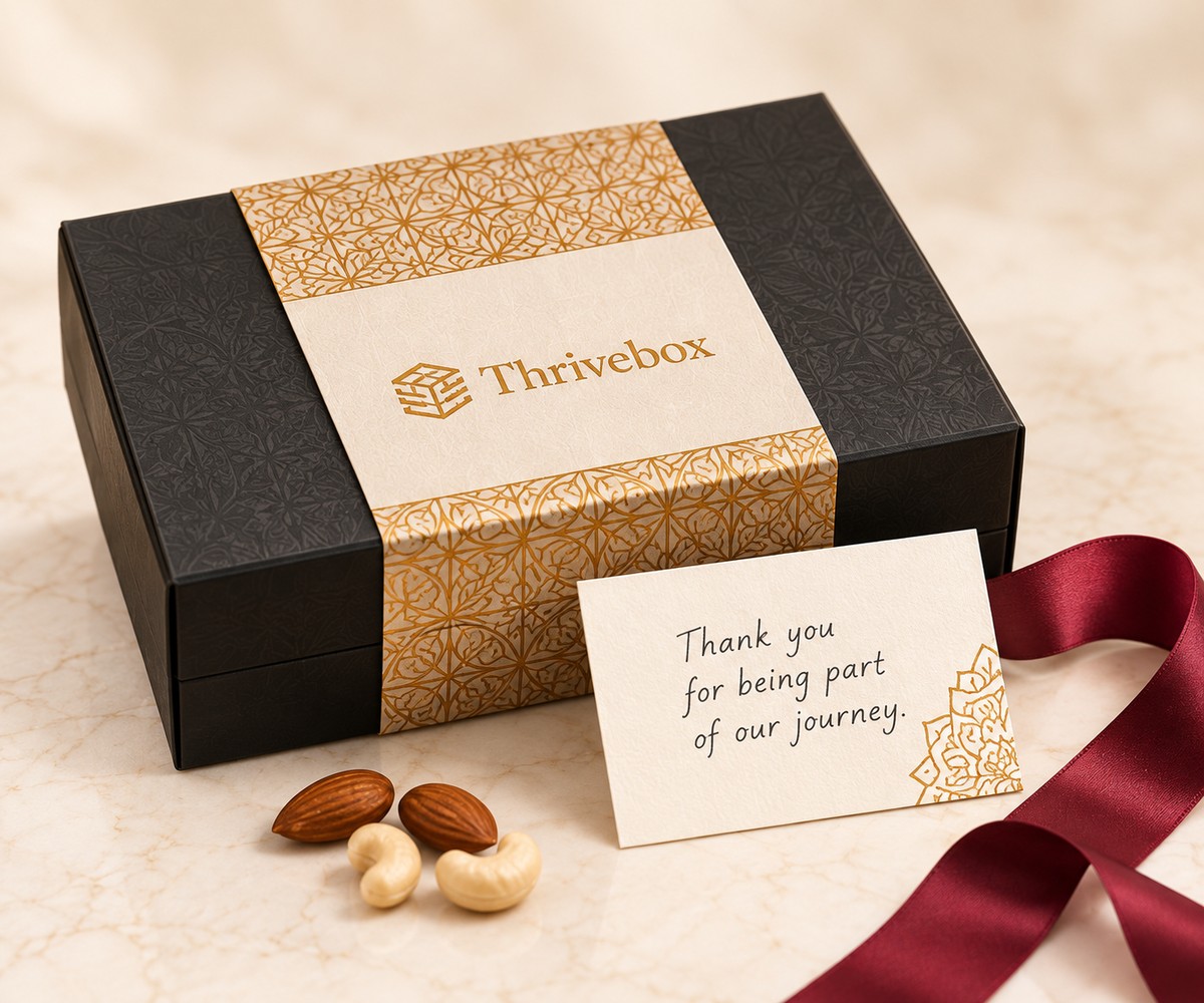 A Thrivebox box with a personalised sleeve and a handwritten appreciation card