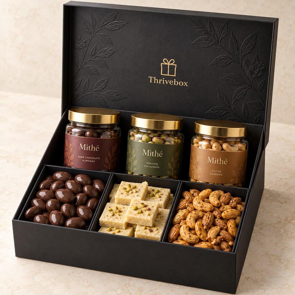 A generous Thrivebox hamper with Mithé jars, sweets and chocolate-coated nuts