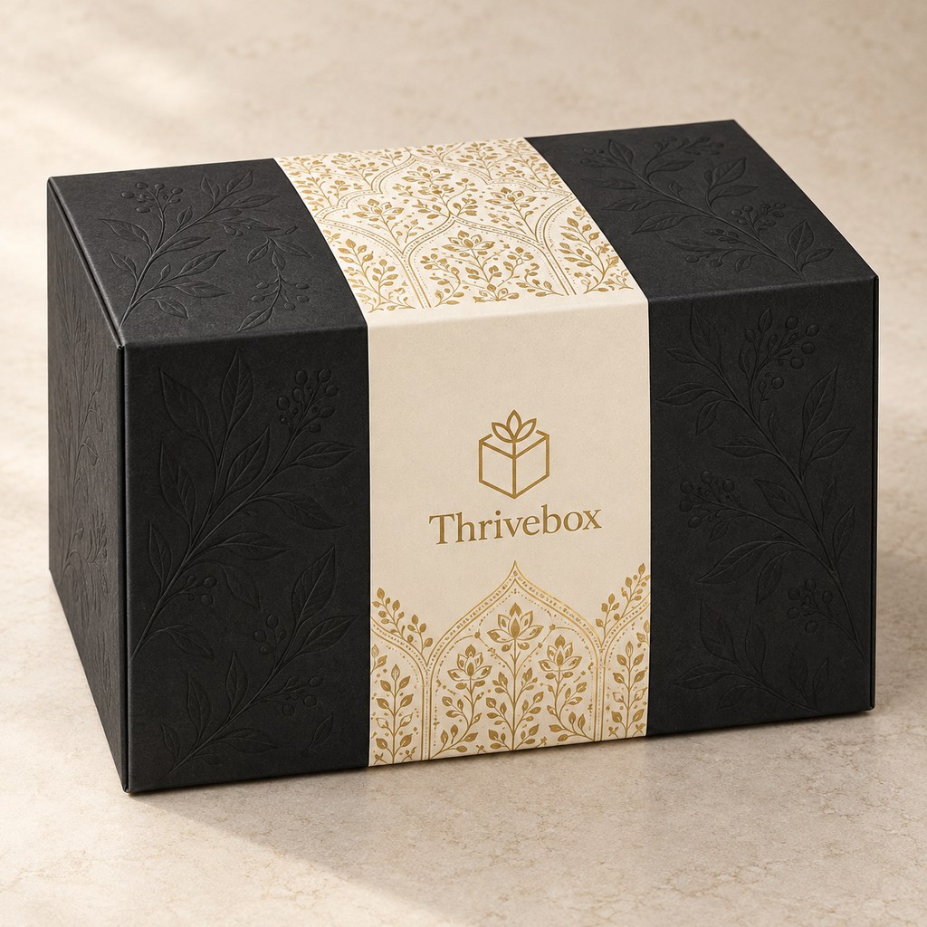 A black Thrivebox gift box finished with a decorative gold sleeve
