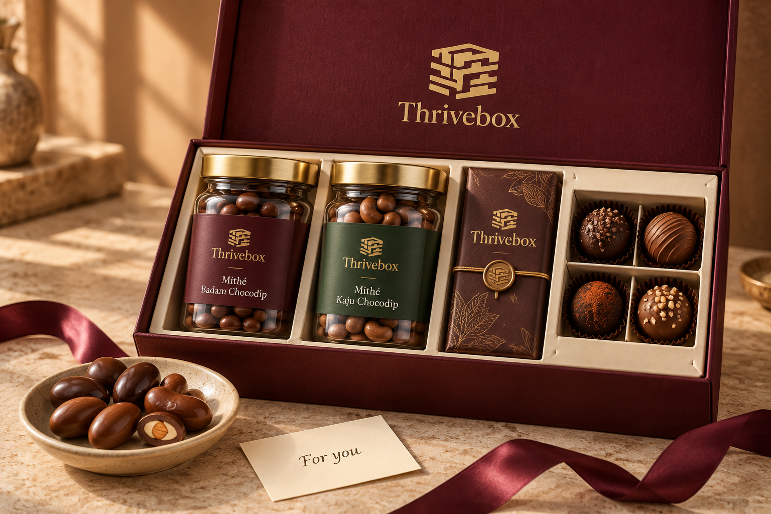 Thrivebox branded gift hamper with Mithé Badam and Kaju Chocodip jars, a chocolate bar, truffles and a gift note