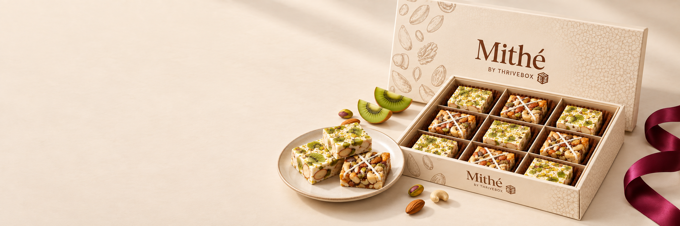 Kiwi Marvela and Punch Mewa sweets in a branded Mithe by Thrivebox ivory gift box