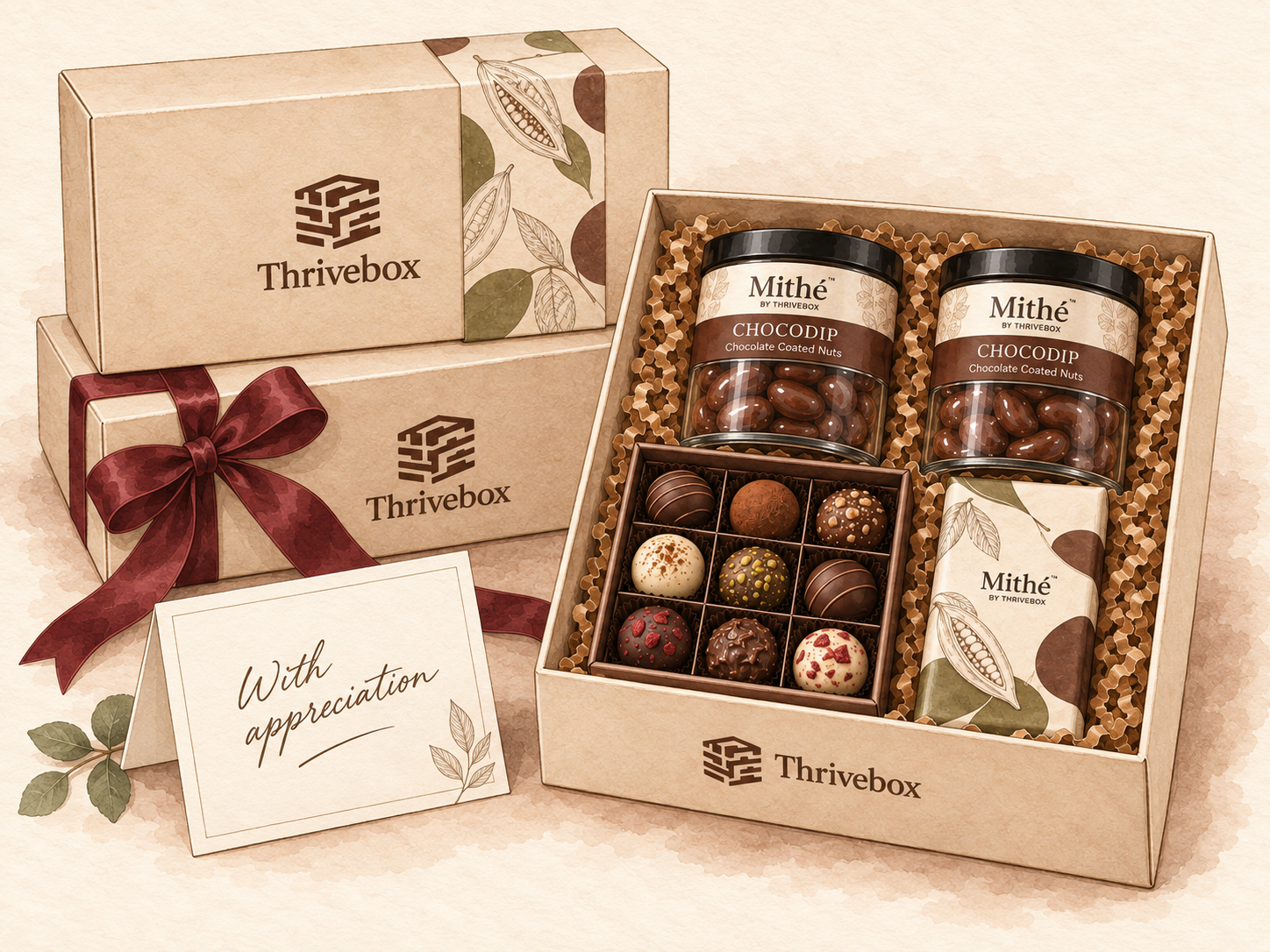 Illustrated Thrivebox gift boxes with Mithe Chocodip jars, chocolates and an appreciation card