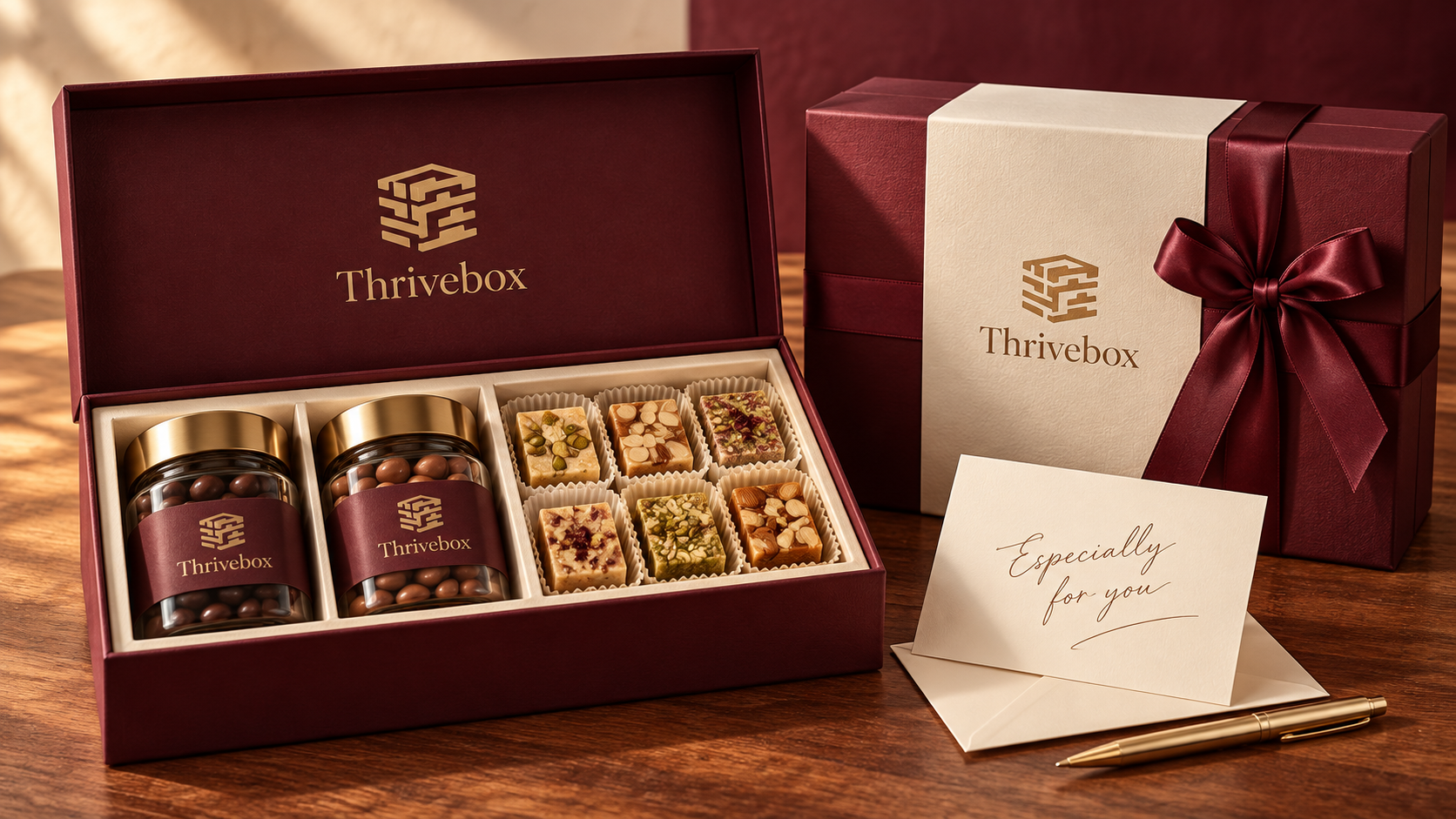 Thrivebox branded hamper with chocolate-coated nuts, sweets, a premium sleeve and a personal gift note