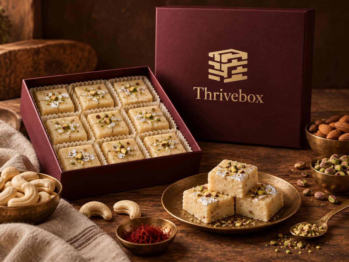 Cashew barfi in a Thrivebox branded gift box with cashews, almonds, pistachios and saffron