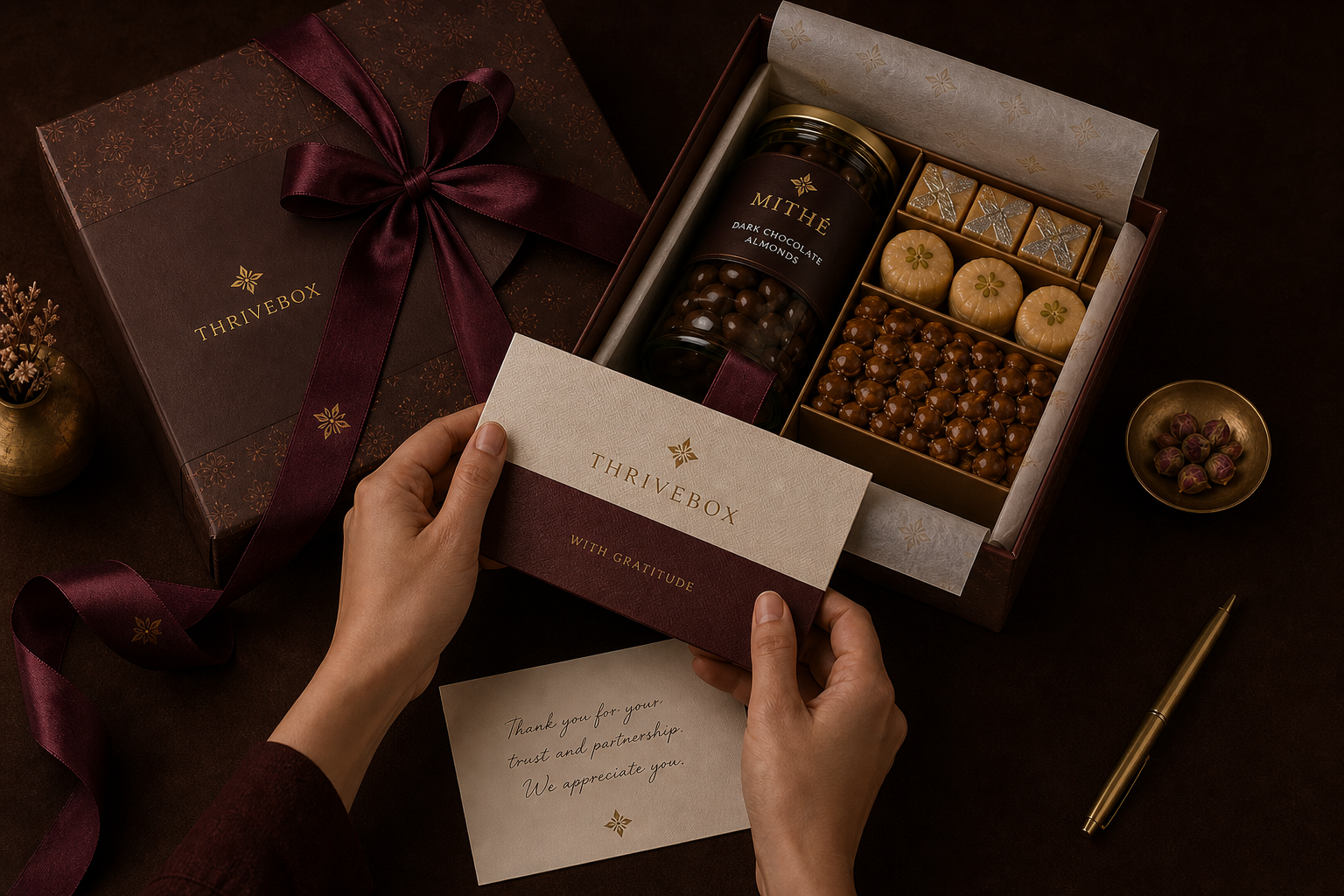 A personal note being placed inside a Thrivebox gift of confections